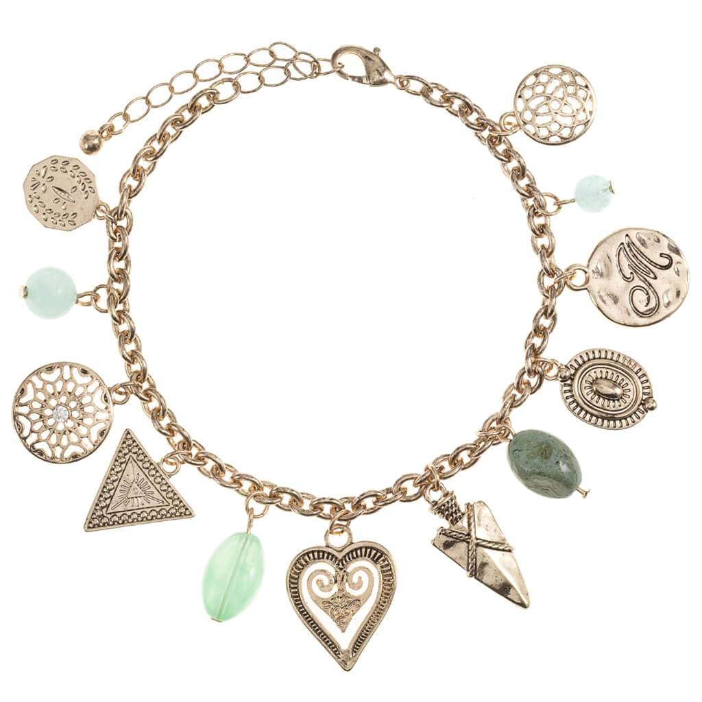 Charm Bracelet: Hearts/Shapes, Gold, 9.75 Inches