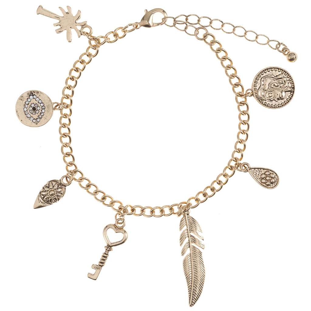 Charm Bracelet: Key/Feather, Gold, 7 Inches