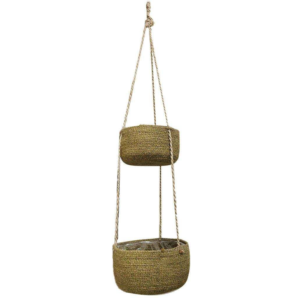 Braided Jute Rope Double Basket Hanger Pvc Natural Green 40in