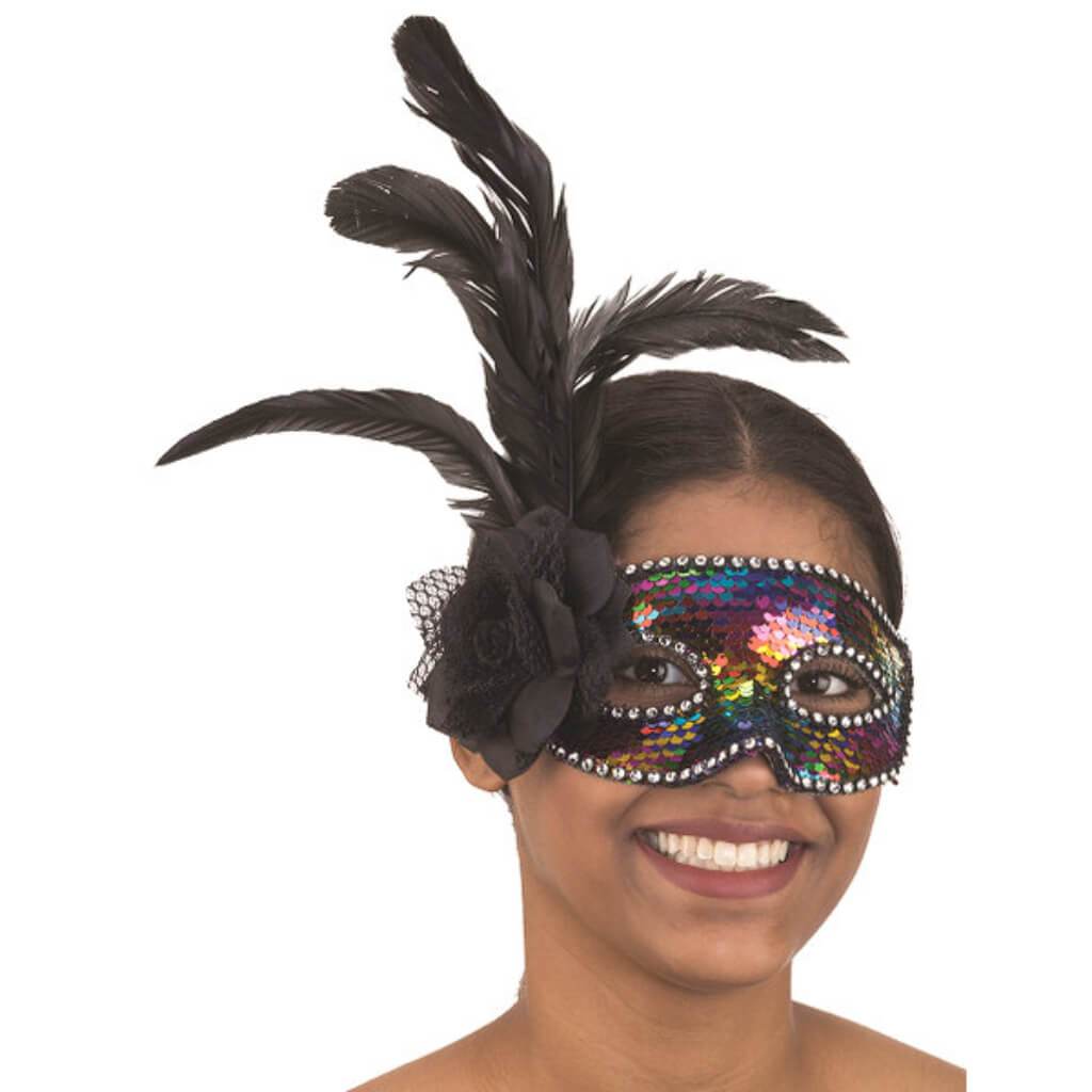 Sequin Costume Mask W/ Feather