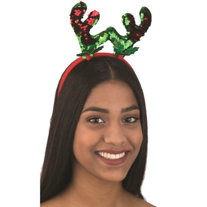 Sequin Mini Antlers & Holly Headband