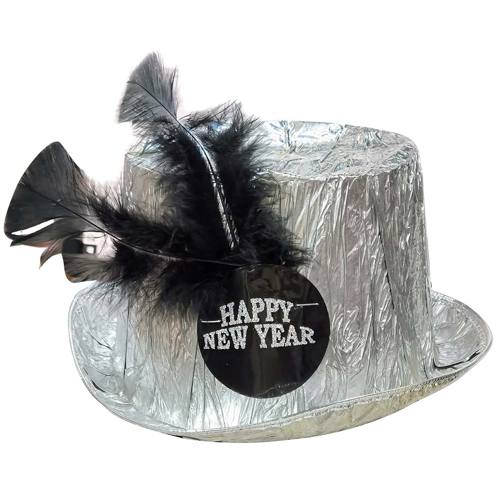 Happy New Year Silver Mylar Top Hat Disc &amp; Feather