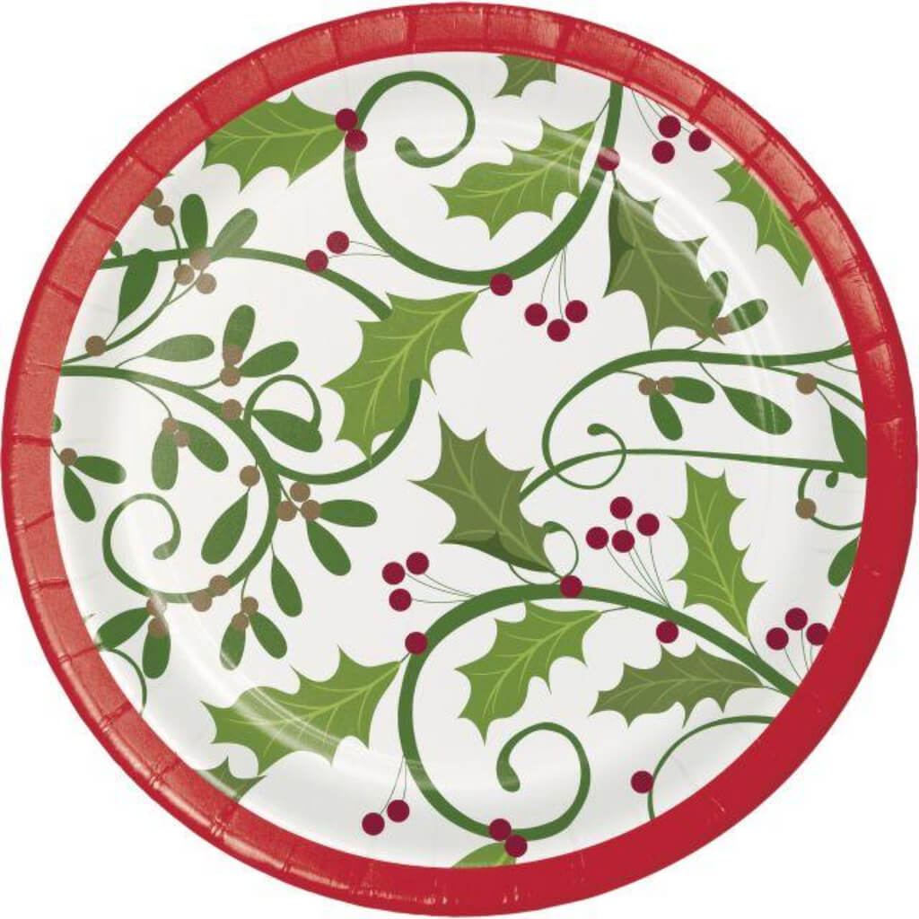 Holiday Holly Paper Dessert Plates 7in 8ct