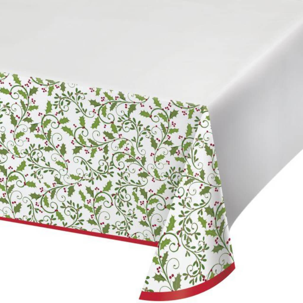 Holiday Holly Plastic Plastic Tablecover 54in x 102in