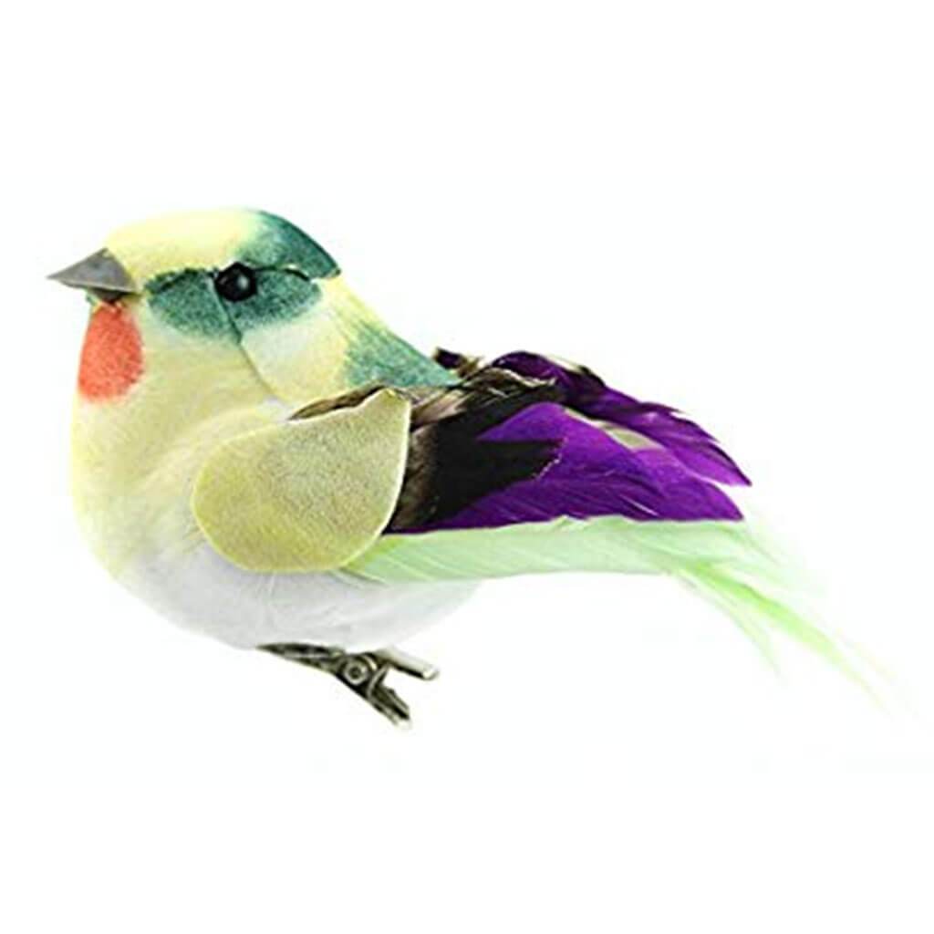 Natural Feather Bird on Clip 4in Pale Green and Purple