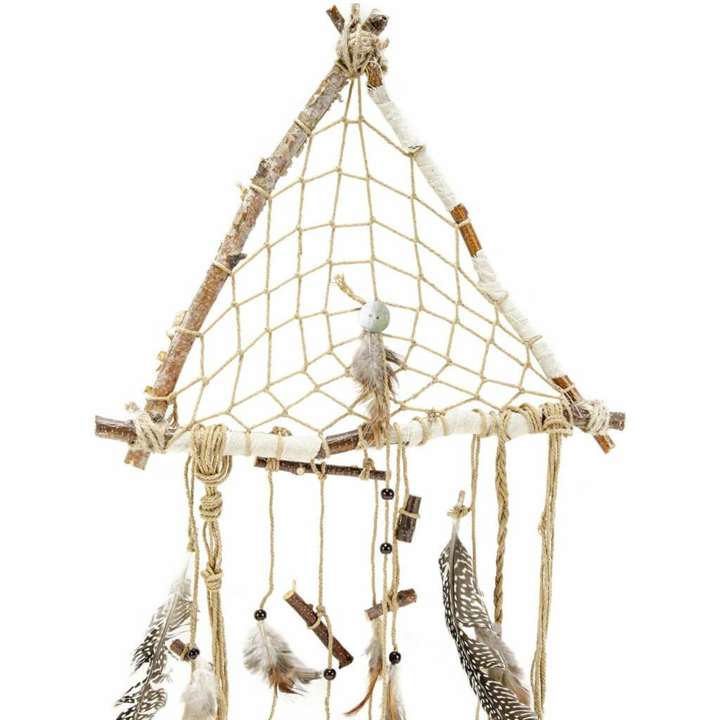 Hanging Macrame Triangle with Sticks and Feathers 13in