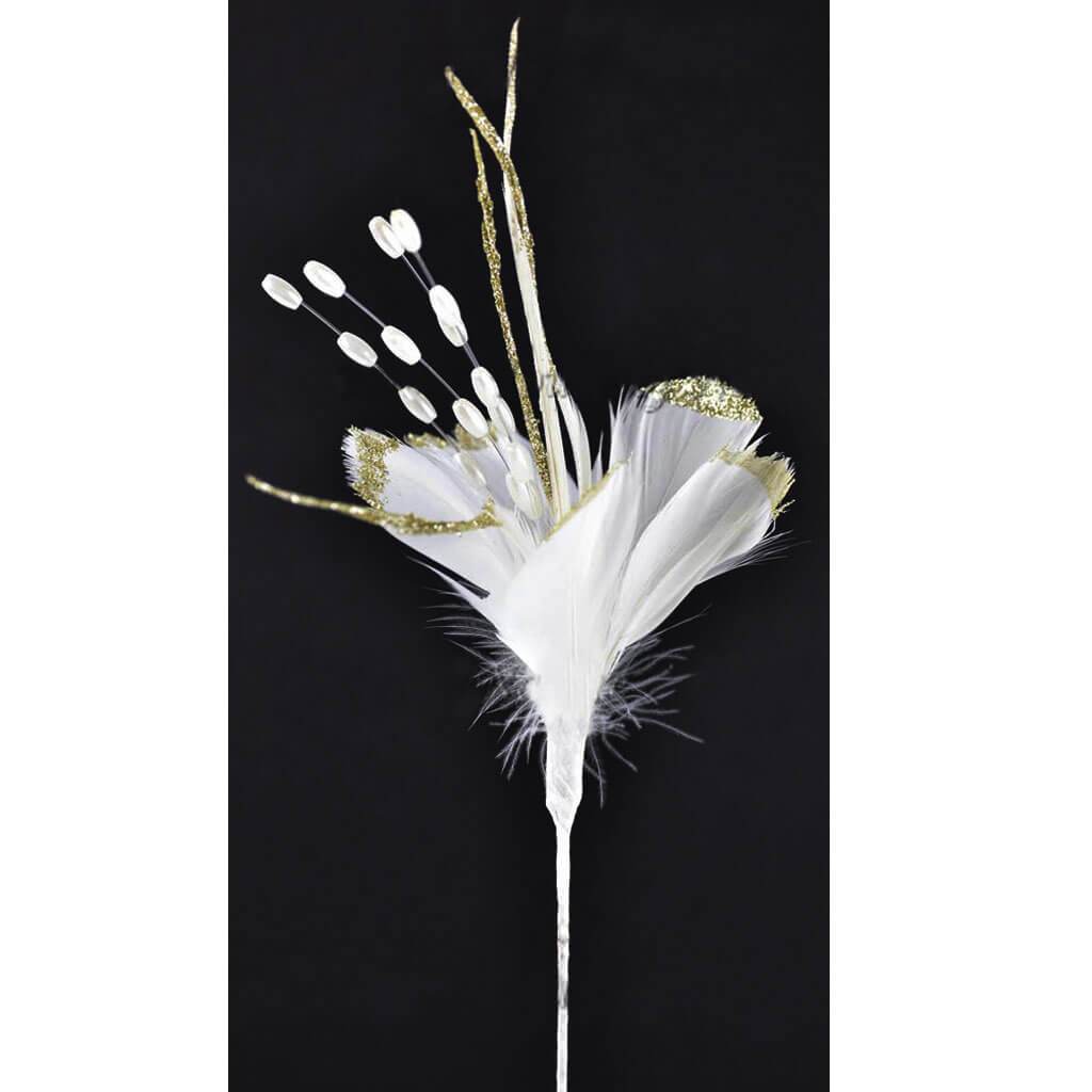 Goose Feather Stem 21in White with Champagne Glitter &amp; White Beads/Biots