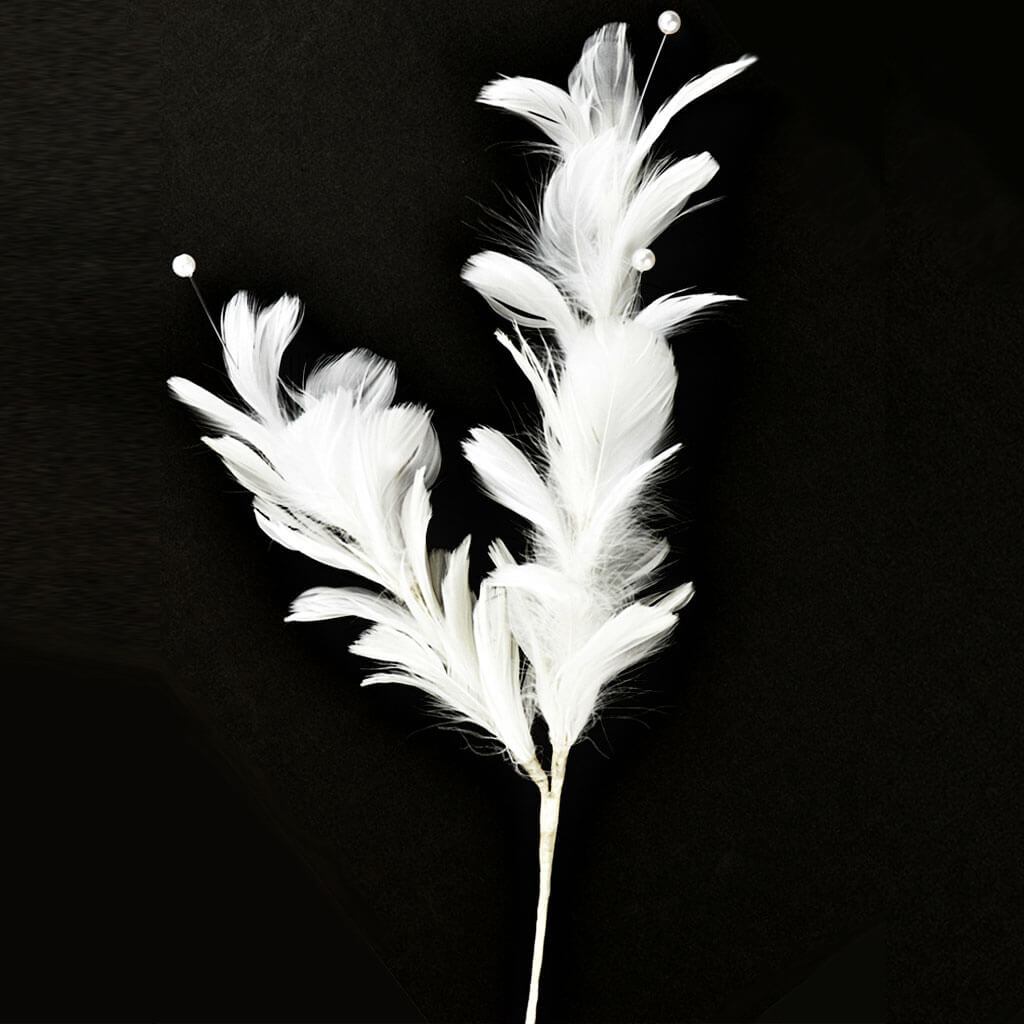 Decorative Feather Floral Stem Double 21.5in White with Pearl Beads