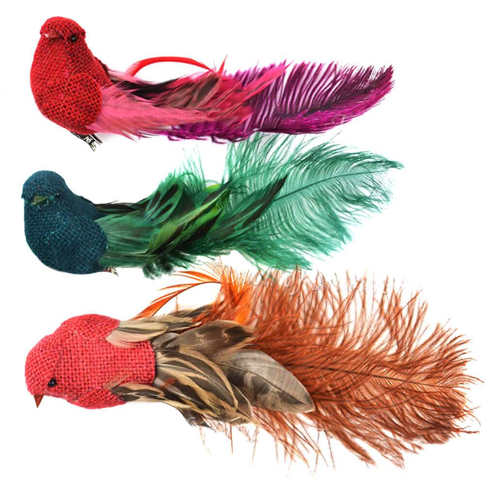 Burlap Feather Bird Assortment on Clip 7in Merlot, Sienna, Pine