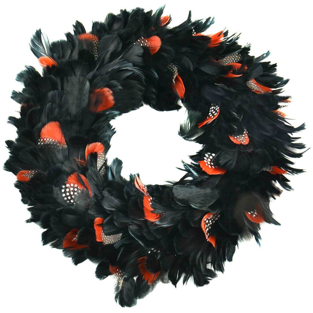 Black &amp; Orange Feather Wreath 15in