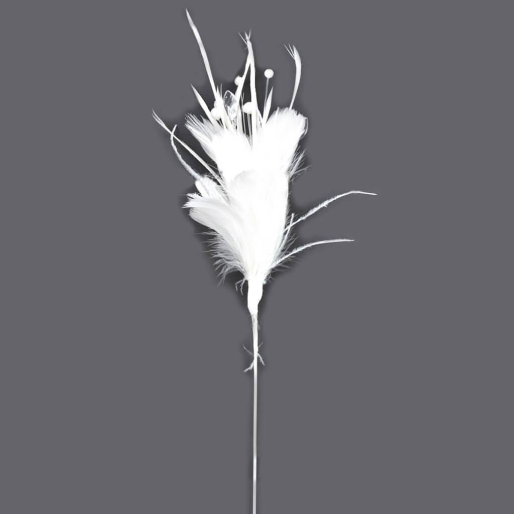 Fancy Fluffy Feather Stem 22in White with Pearls