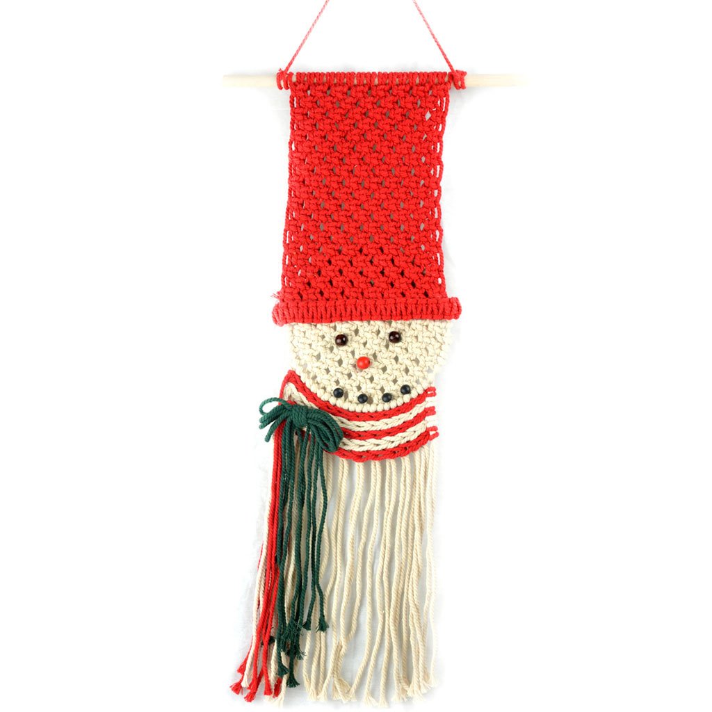 Snowman Hanging Macrame with Red Hat and Beads 30in