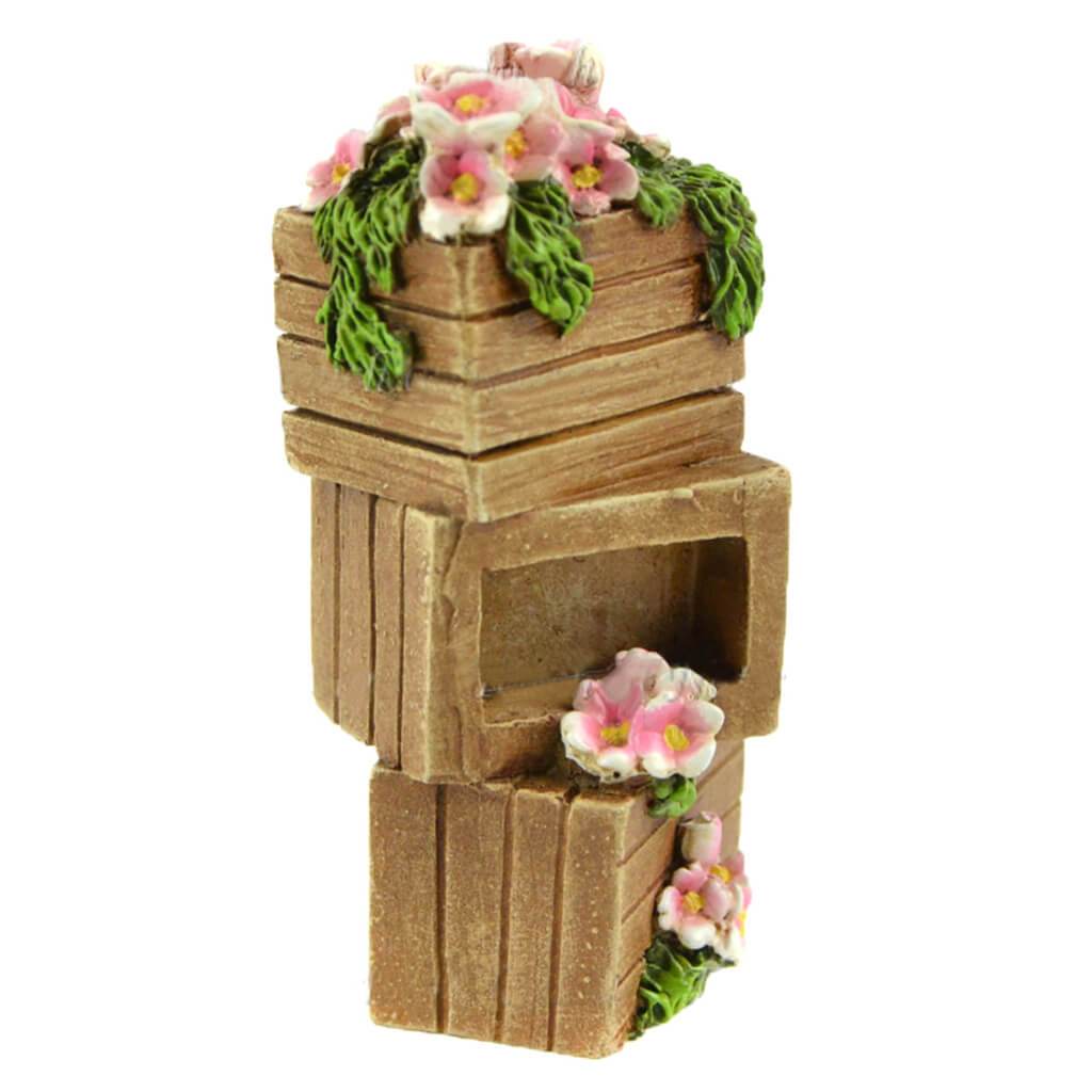 Miniature Stacked Crates with Pink Flowers Spilling Out 3.25in