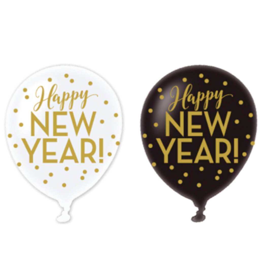 Happy New Year Confeti Printed Latex Balloon 6pk 11in White &amp; Black