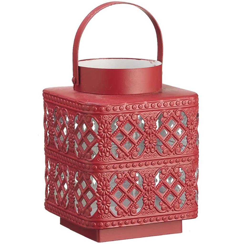 Metal Lantern with Glass Candle holder Red White 6.6inH x 5.3inW x 5.3inL