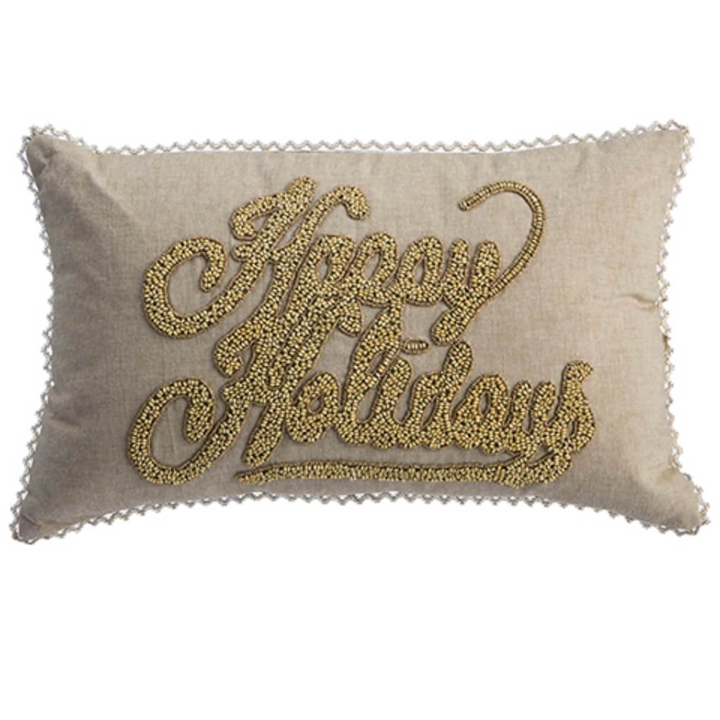 Happy Holidays Pillow Beige Gold 12inW x 20inL