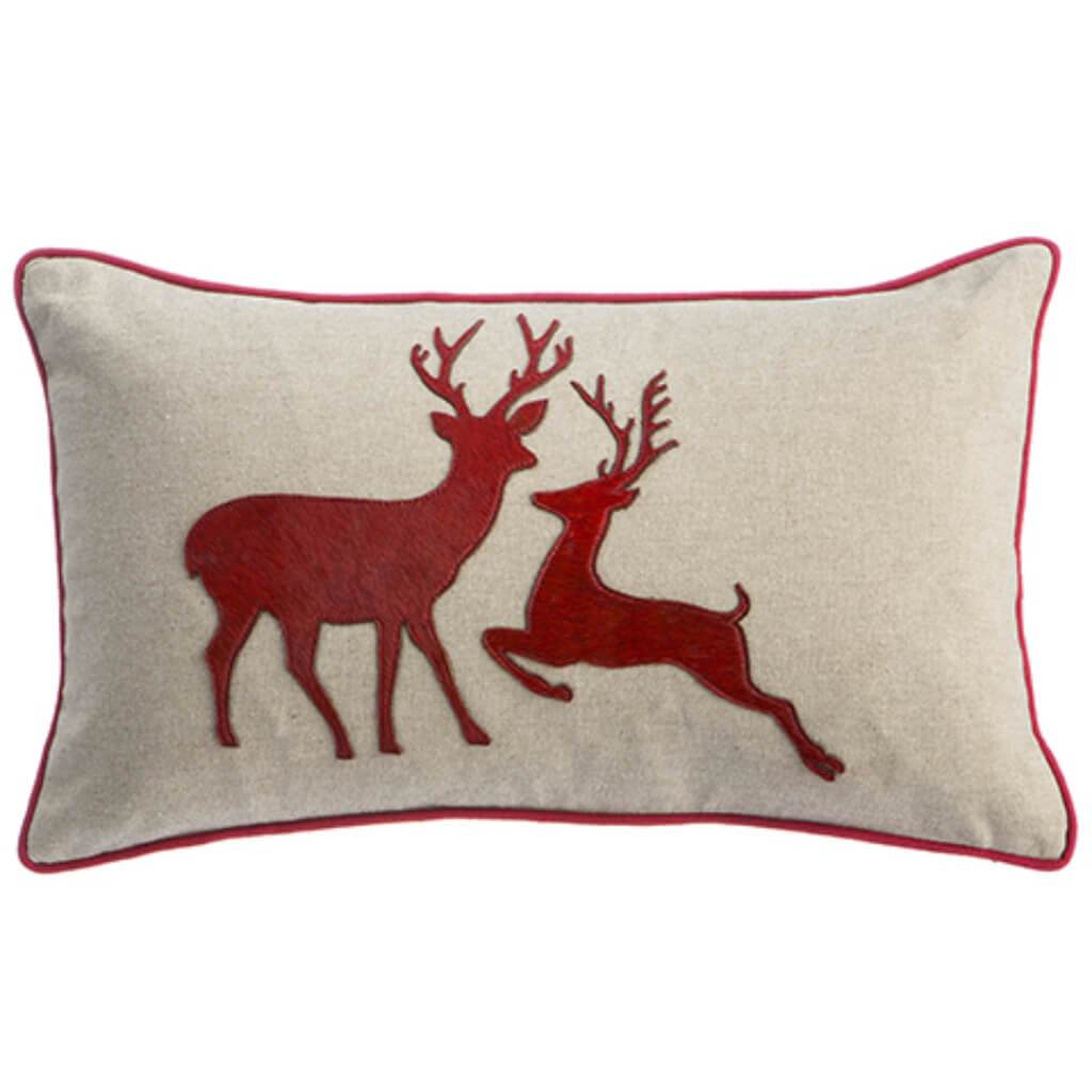 Reindeer Pillow Red Beige 12inW x 20inL