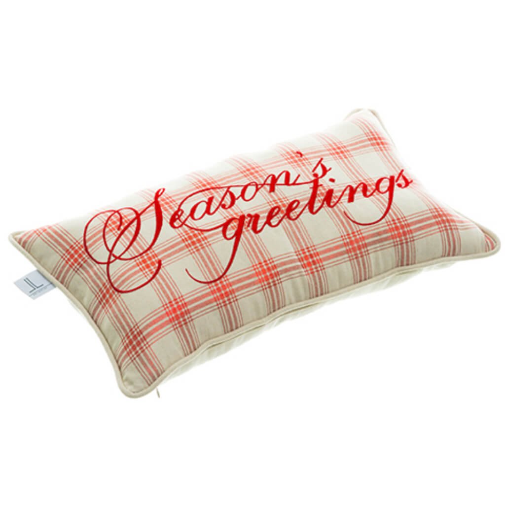 Season's Greetings Plaid Linen Pillow Beige Red 12inW x 22inL