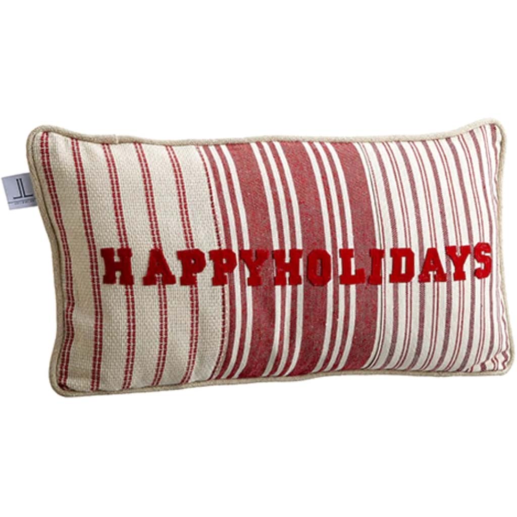 Happy Holidays Stripe Pillow Red Beige 22in x 12in