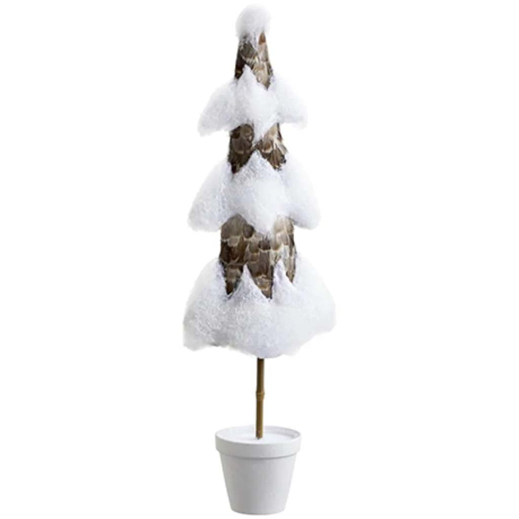 Snowed Feather Tree in Terra Cotta Pot White Gray 34.5inH x 11.5inW