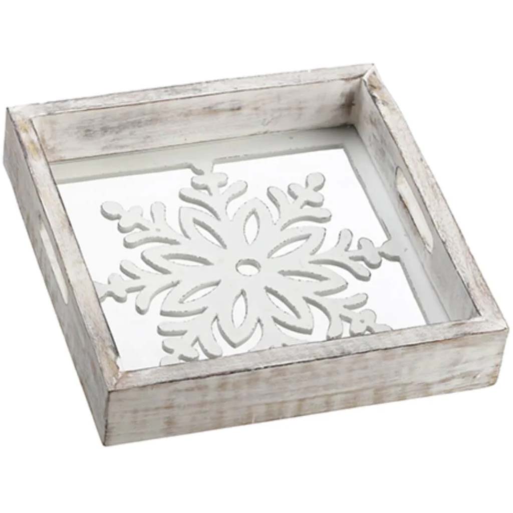 Snowflake Wood Tray Antique White 2.5inH x 12inW x 12inL