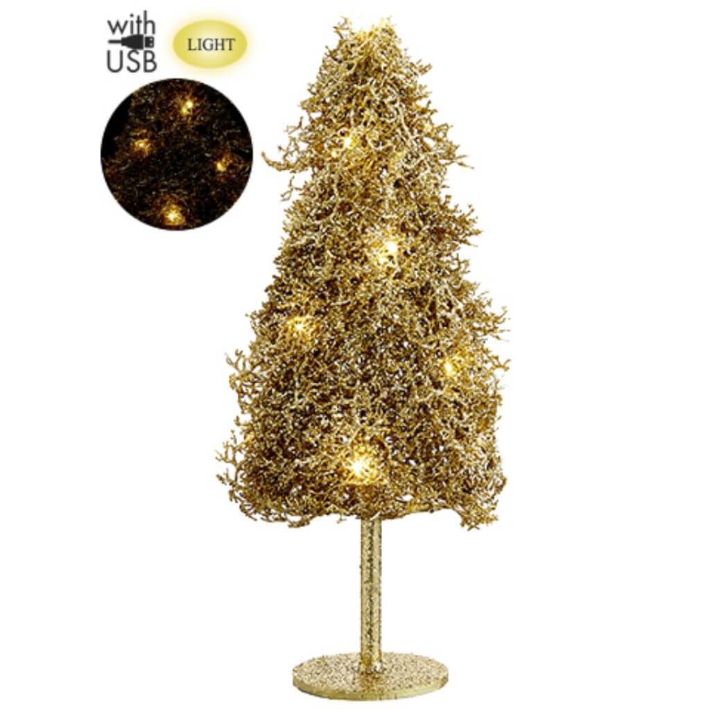 Glittered Plastic Twig Tree With Light And USB Cable Gold 24in