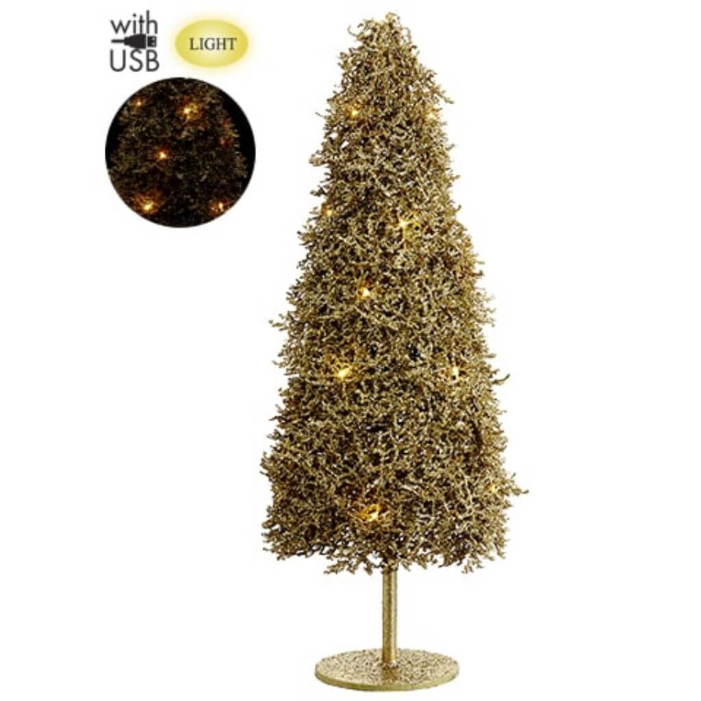 Glittered Plastic Twig Tree With Light And USB Cable Gold 36in