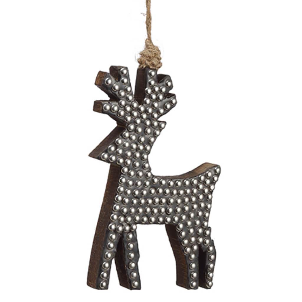 Stud Wood Reindeer Ornament Brown Silver 6in