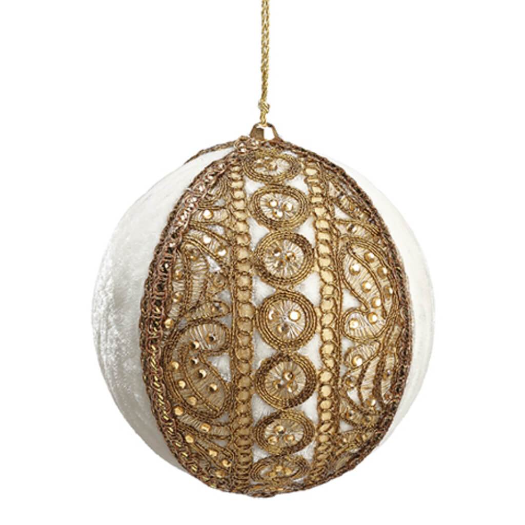 Rhinestone Ball Ornament  Gold White 5in