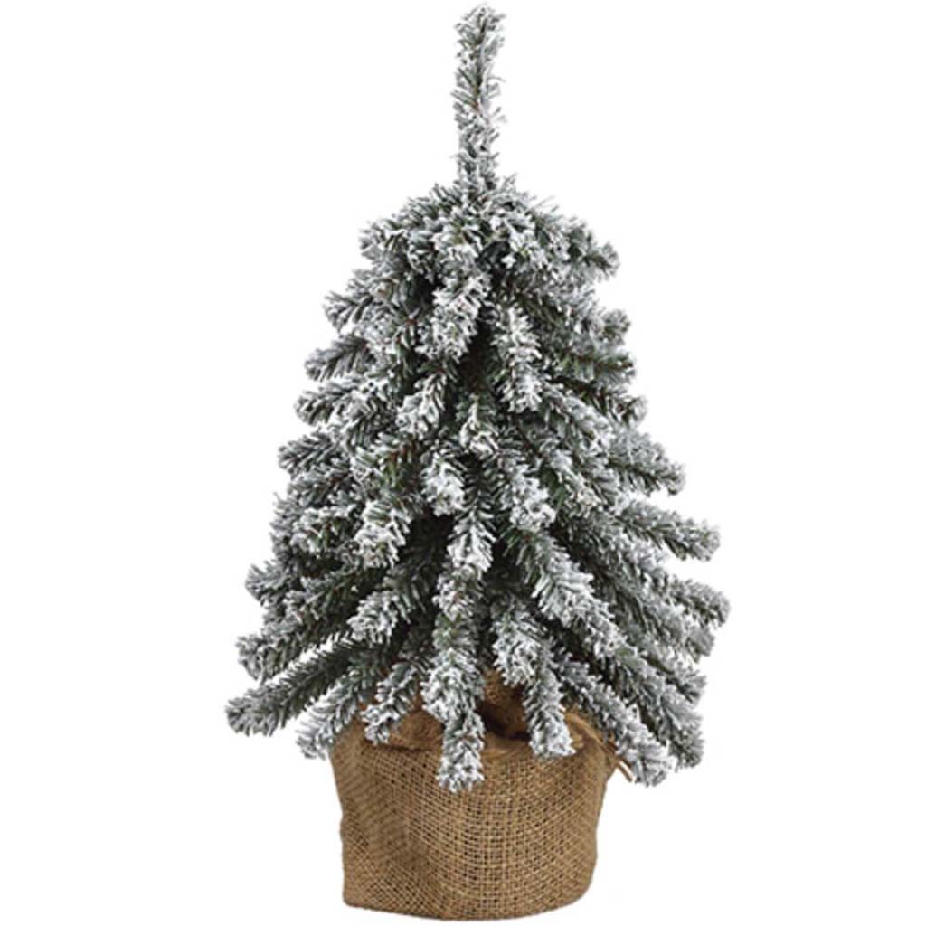 Snowed Mini Pine Tree x125 on Wood Stand in Burlap Snow 15in