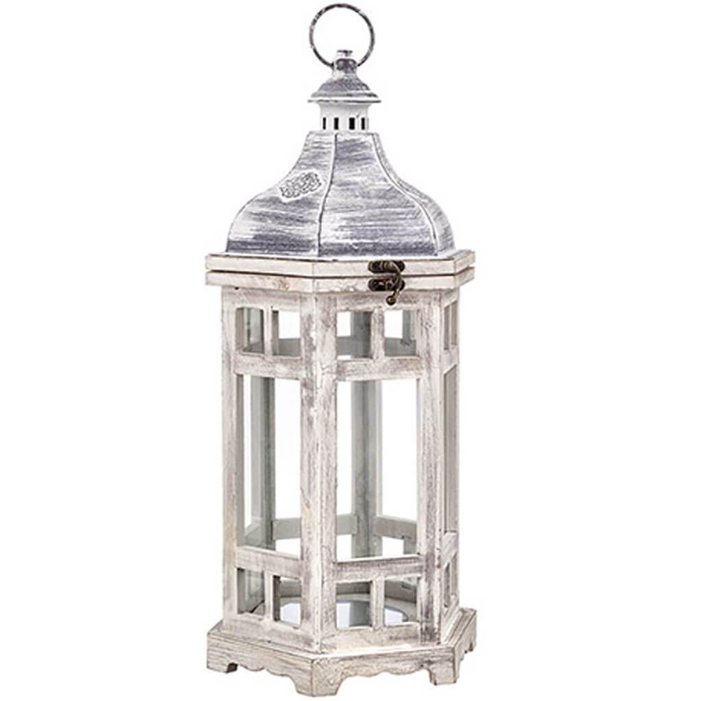 Wood Lantern Top Iron White Wash, 18in