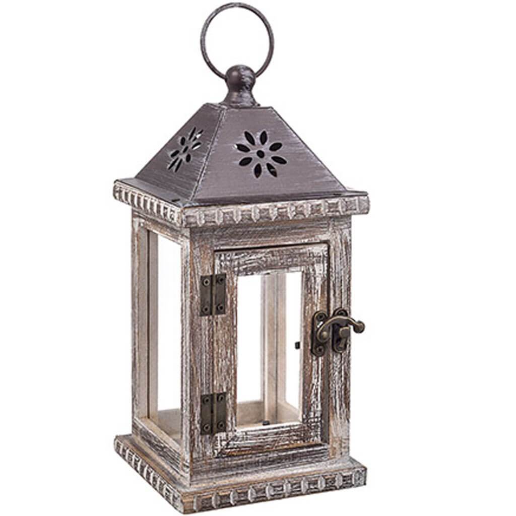 Wood Lantern Top Iron White Wash, 9.85in