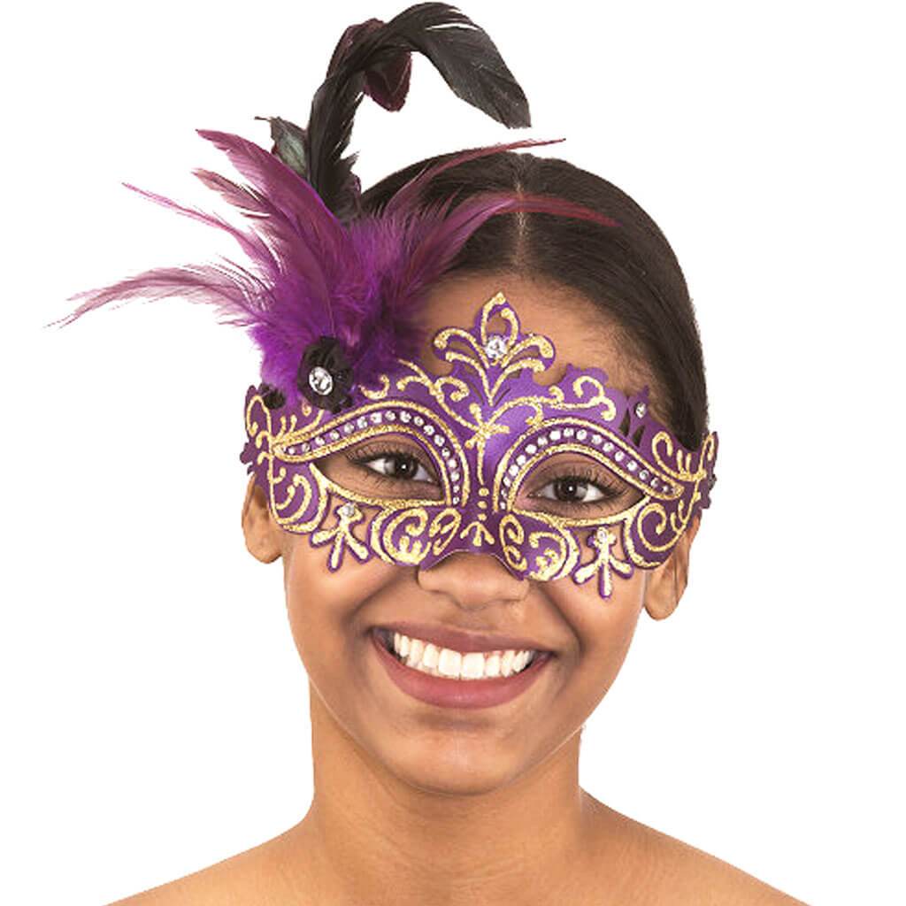 Mardi Gras Mask With Gold Glitter and Rhinestone &amp; Feather