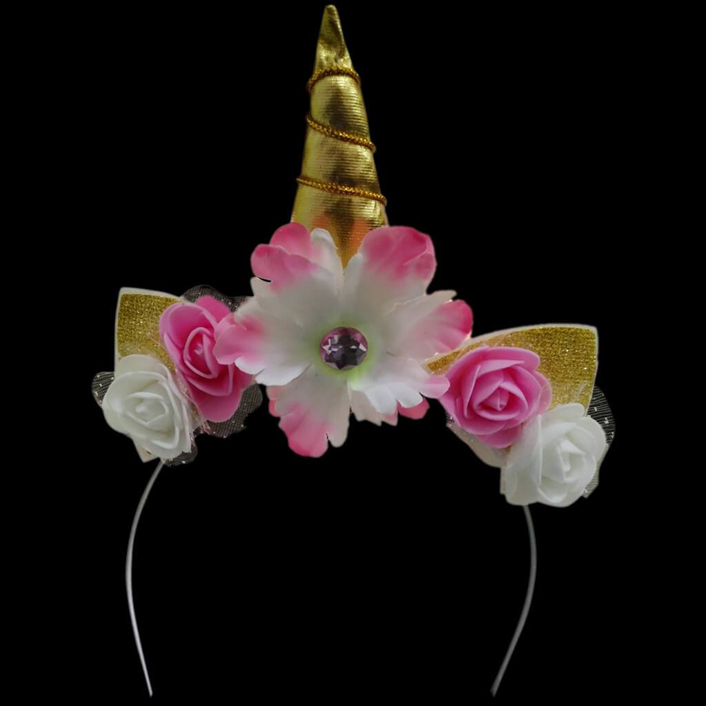 Unicorn Headband with Flowers White/Pink