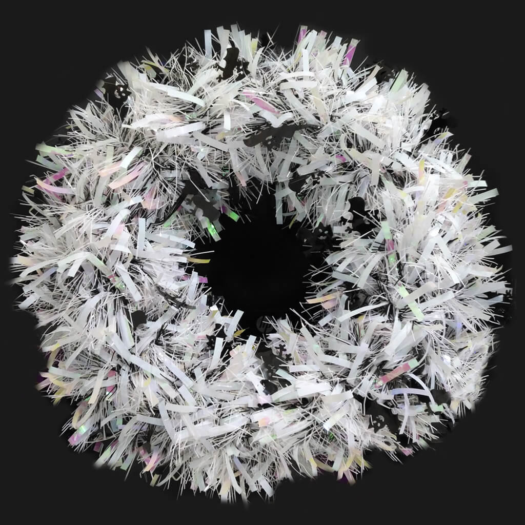 Wreath Tinsel Halloween White with Bat