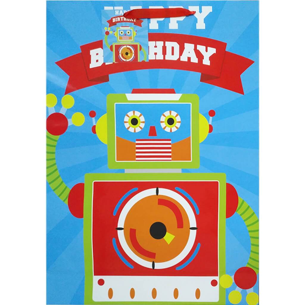 Gift Bag Birthday Kids Dino/Robot 18x13x4 Jumbo Blue