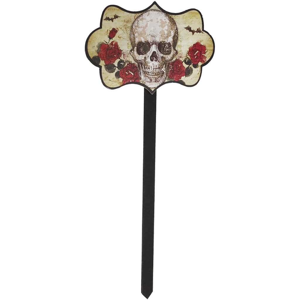 Yard Stake Skull with Rose Skull