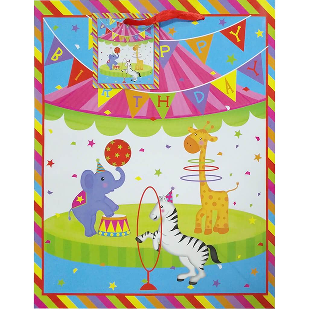 Gift Bag Circus Zibra, Giraffe Elepant 10x12.5x5in