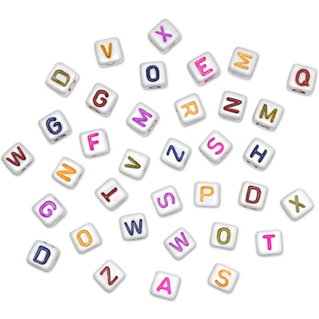 Alphabet Beads Cube X36 White with Colored Letters 8mm