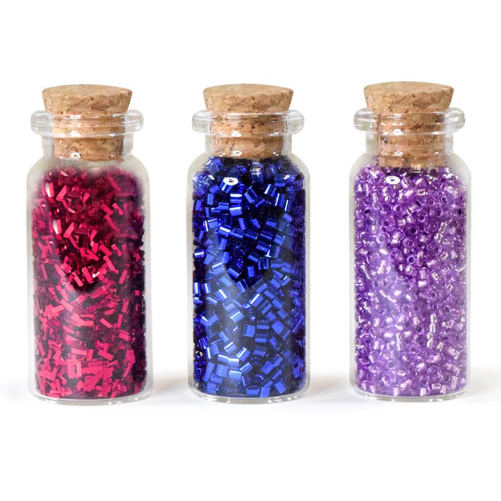 Glitter &amp; Seed Bead Accent Vials X3 Fuchsia/Royal/Purple