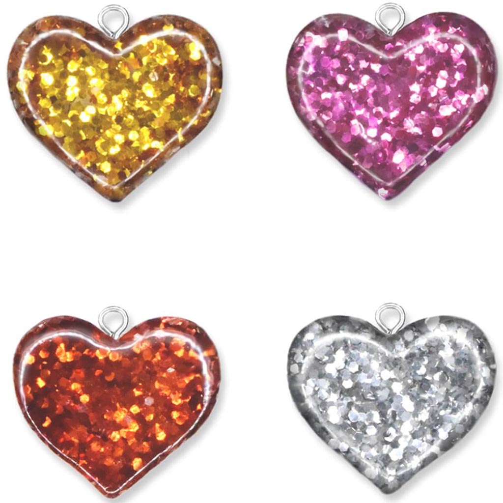 Glitter Charms 4pc Metal Loop Heart