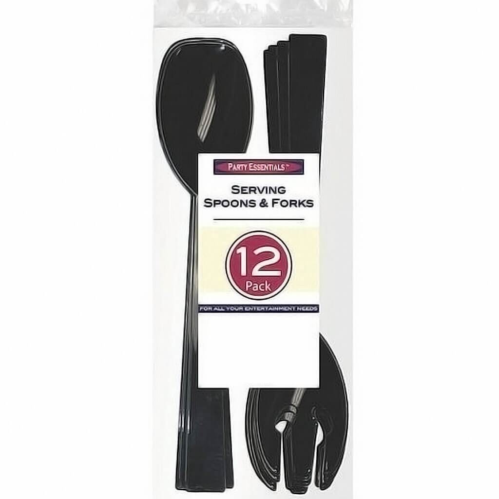 Serving Spoon And Fork Set Black 12ct, 9.5in