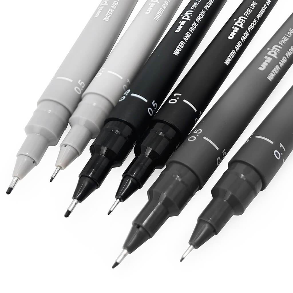 Uni Pin Fineliner Sets 6 Pen Set Gray &amp; Black