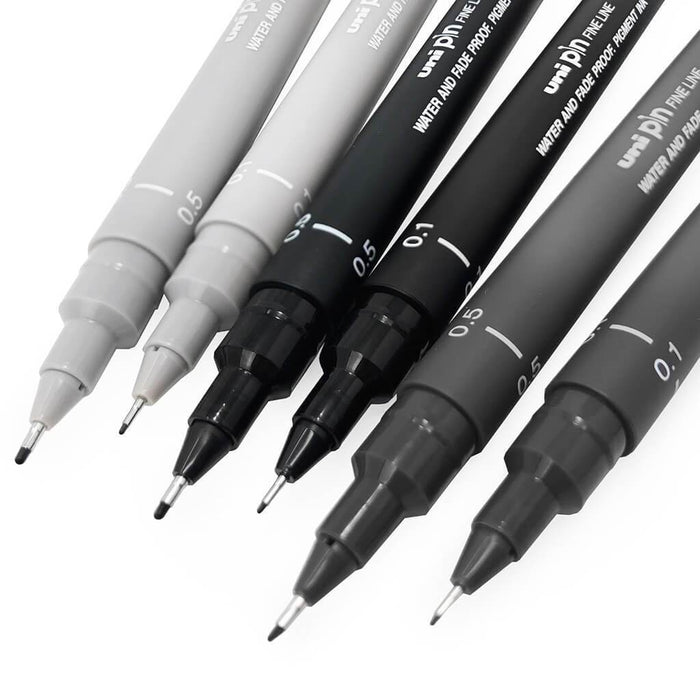 Uni Pin Fineliner Sets 6 Pen Set Gray & Black