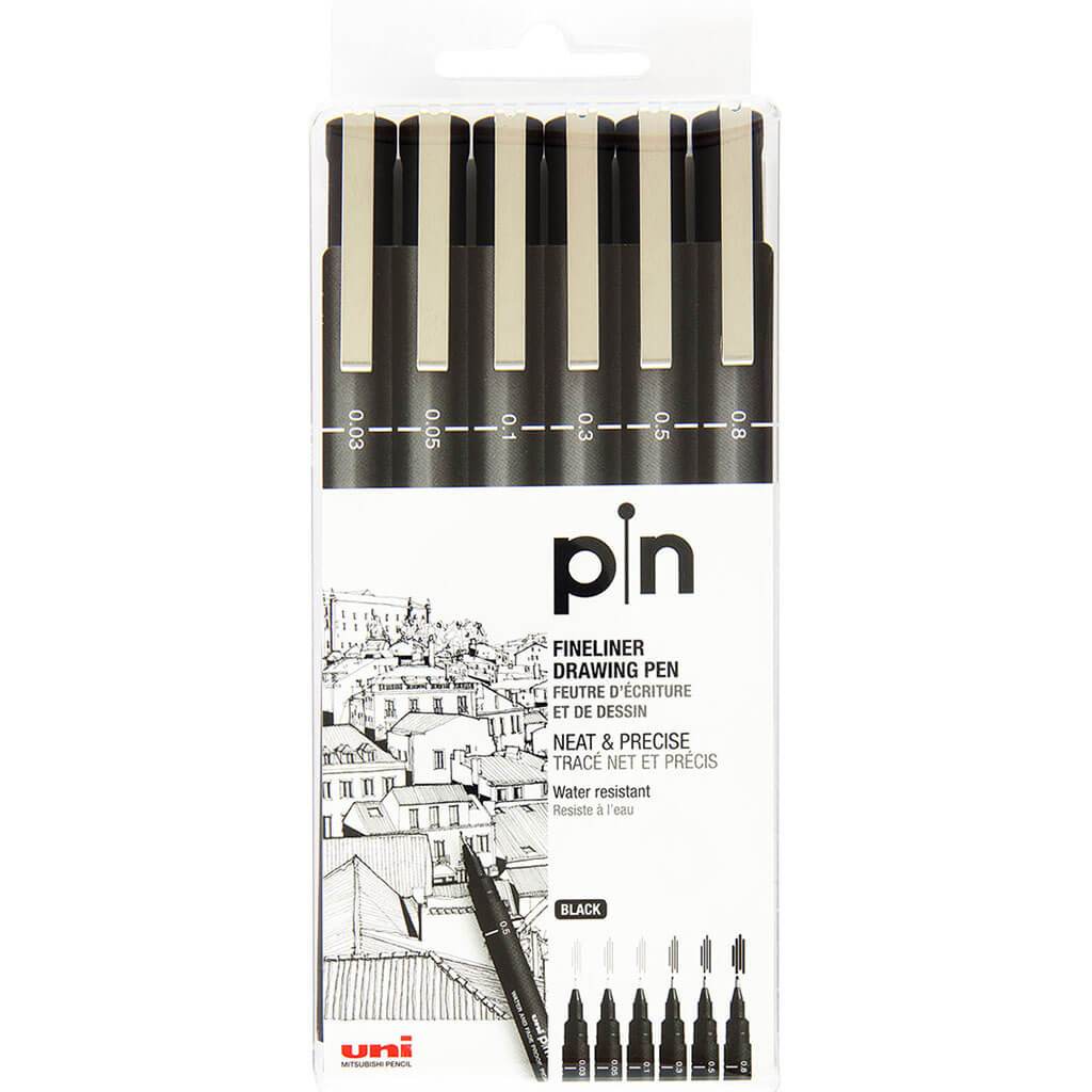 Uni Pin Fineliner Sets 6 Pen Set Black