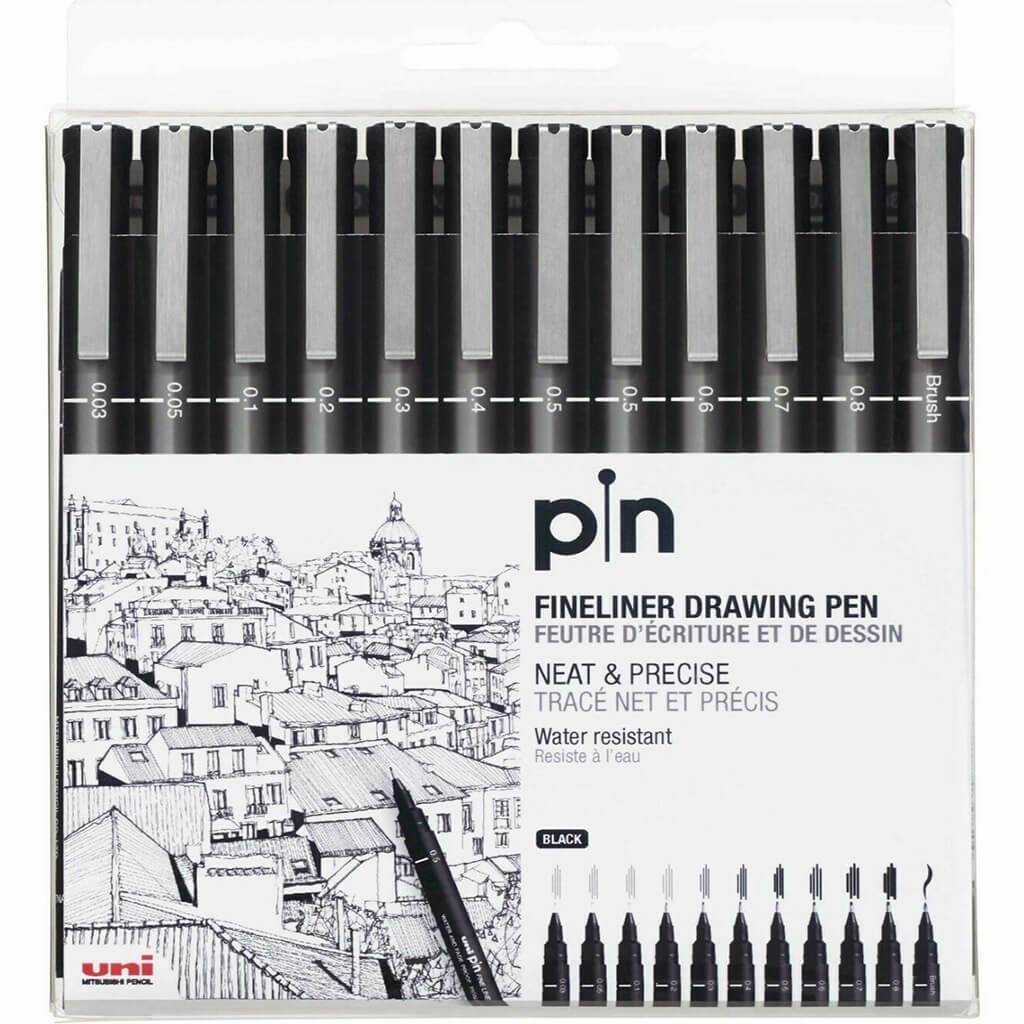 Uni Pin Fineliner Sets 12 Pen Set Black