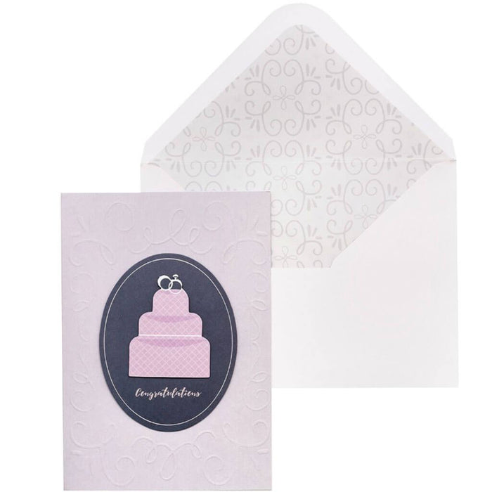 Wedding greeting card with embossed cake image, 12.7cm x 17.78cm