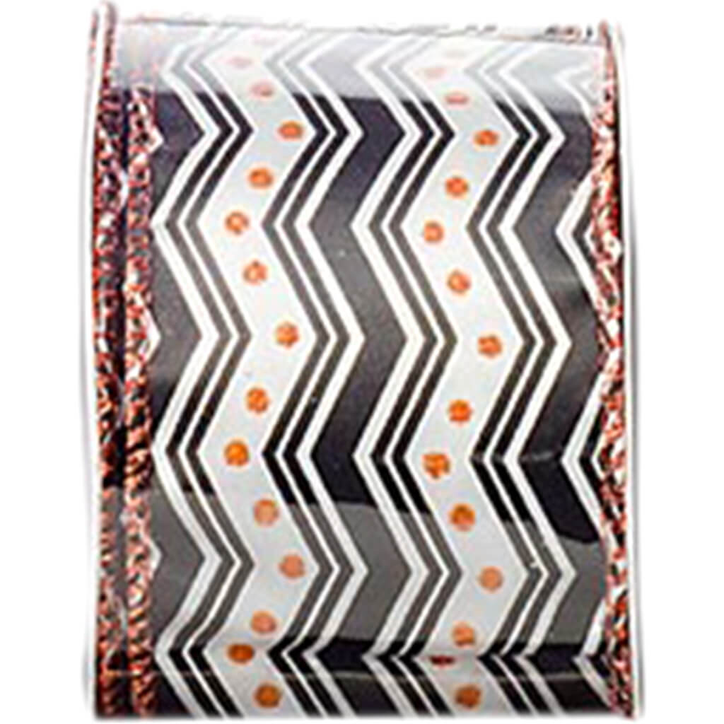 Halloween Ribbon 2.5in Chevron 25ft Black White Orange