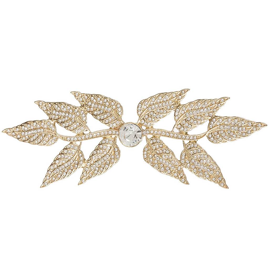 Wedding Brooch Gold Metal Leaf with Rhinestones