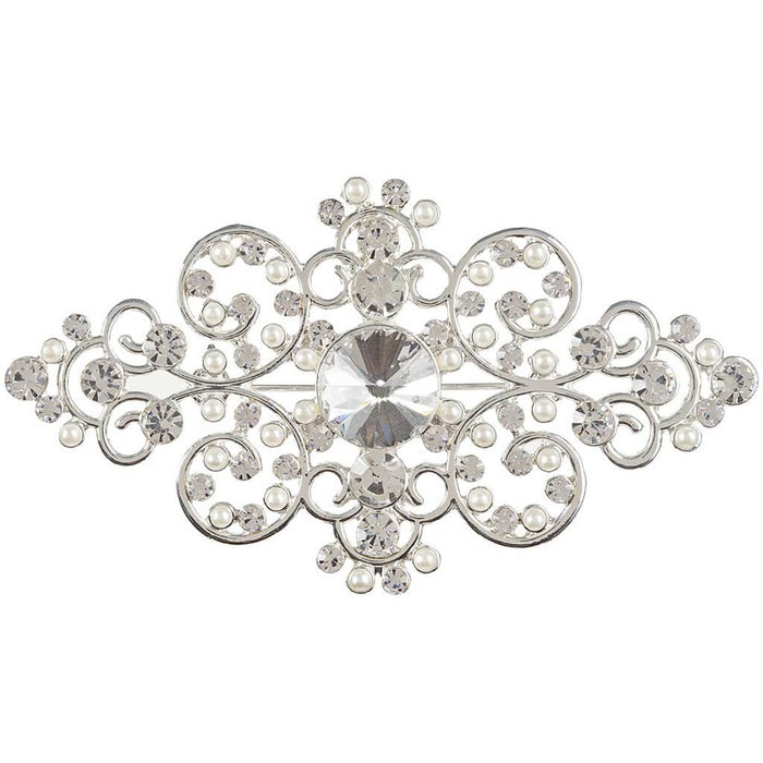 Wedding Brooch Gold Metal Leaf with Rhinestones Silver